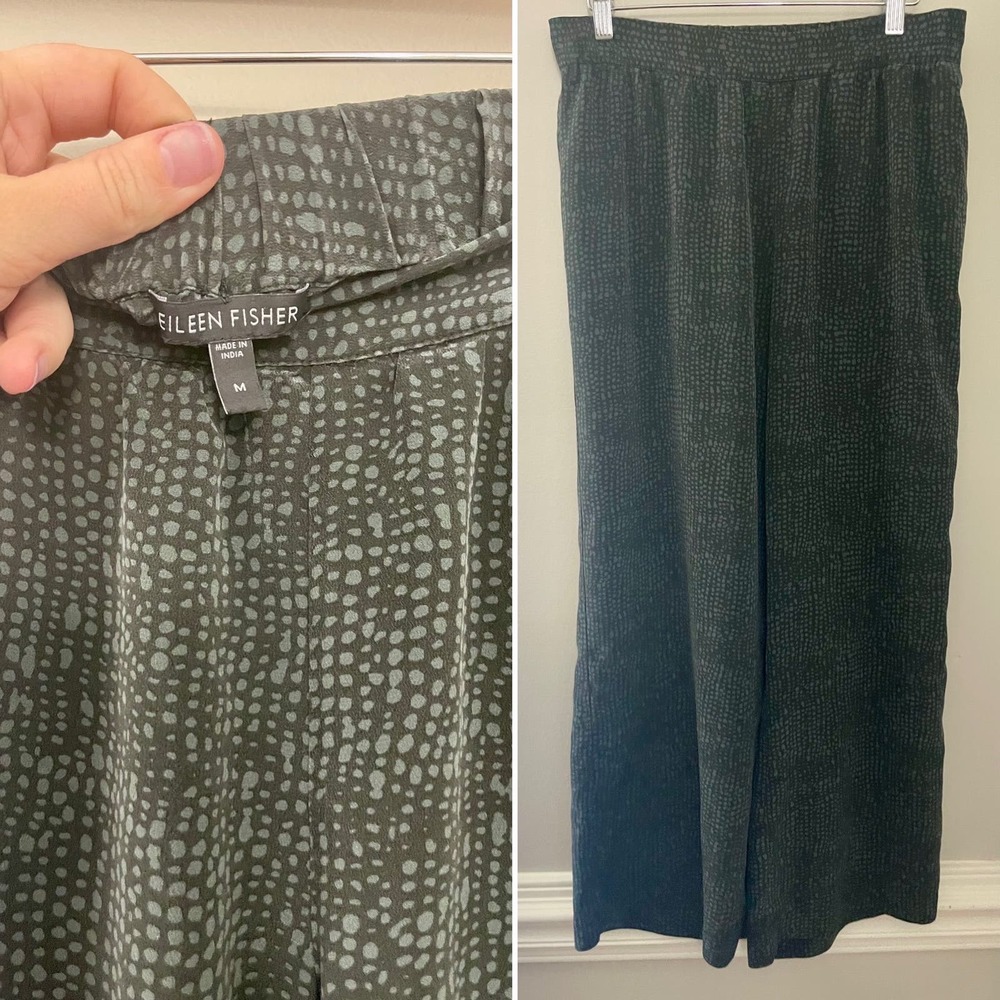 Eileen Fischer 100% Silk Georgette Crepe Straight Ankle Pant Gray Dot‎ Medium